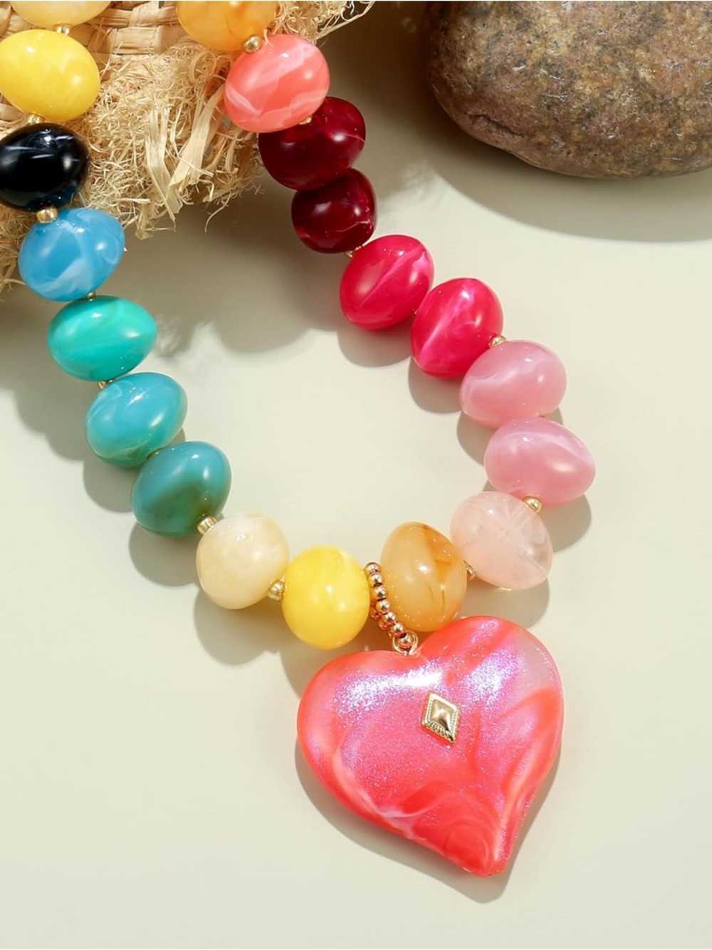 Multicolor Dopamine Beaded Marbled Necklace with Pink Heart Pendant NEW - Picture 2 of 5